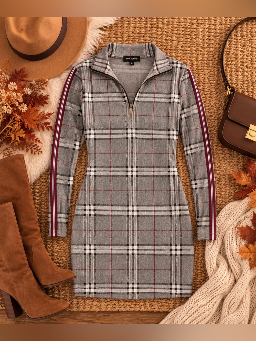 Eye Candy Plaid Mock Neck Zip Mini Dress Burgundy Stripe